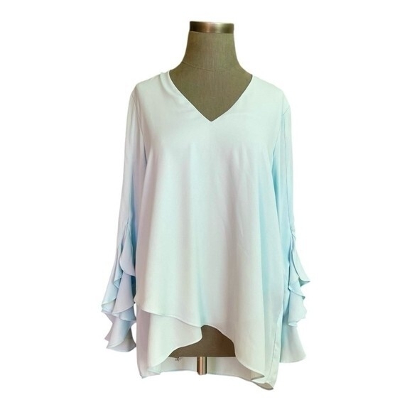 Karen Kane Women's Asymmetrical V-Neck Blouse M Fiji Teal Green Crepe NWT $98 - Picture 3 of 9